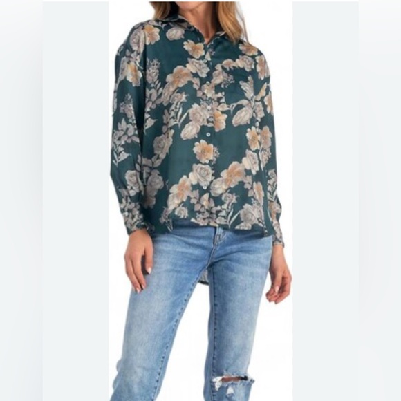 ELAN long sleeve button down shirt‎ in green floral size small - Picture 1 of 8